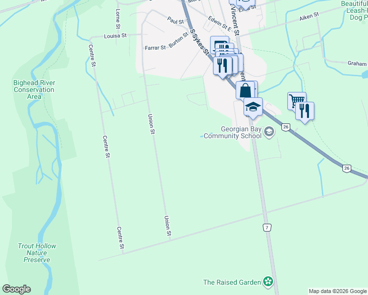 map of restaurants, bars, coffee shops, grocery stores, and more near 355 Union Street in Meaford