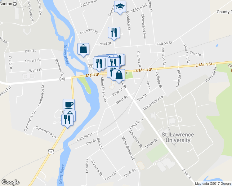 map of restaurants, bars, coffee shops, grocery stores, and more near 13 Pine Street in Canton