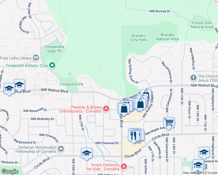 map of restaurants, bars, coffee shops, grocery stores, and more near 2600 Century Drive in Corvallis