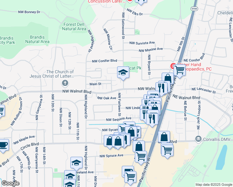 map of restaurants, bars, coffee shops, grocery stores, and more near 2570 Northwest Fairlawn Street in Corvallis