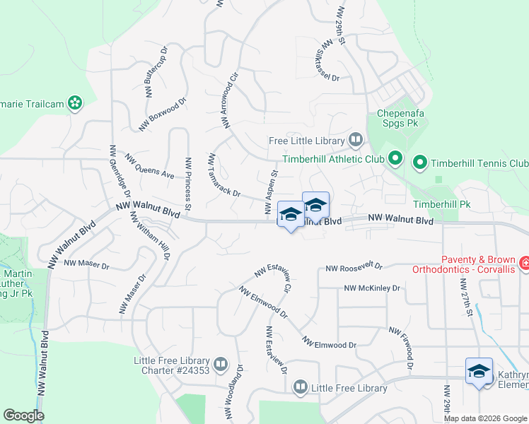 map of restaurants, bars, coffee shops, grocery stores, and more near 2652 Northwest Aspen Street in Corvallis