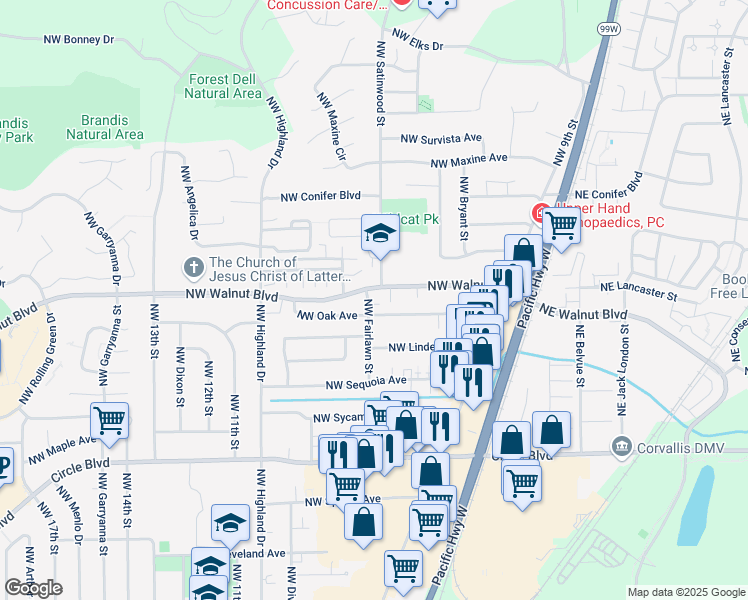 map of restaurants, bars, coffee shops, grocery stores, and more near 2549 Northwest Fairlawn Street in Corvallis