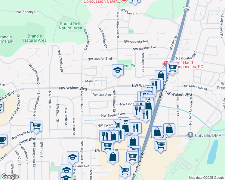 map of restaurants, bars, coffee shops, grocery stores, and more near 2549 Northwest Fairlawn Street in Corvallis
