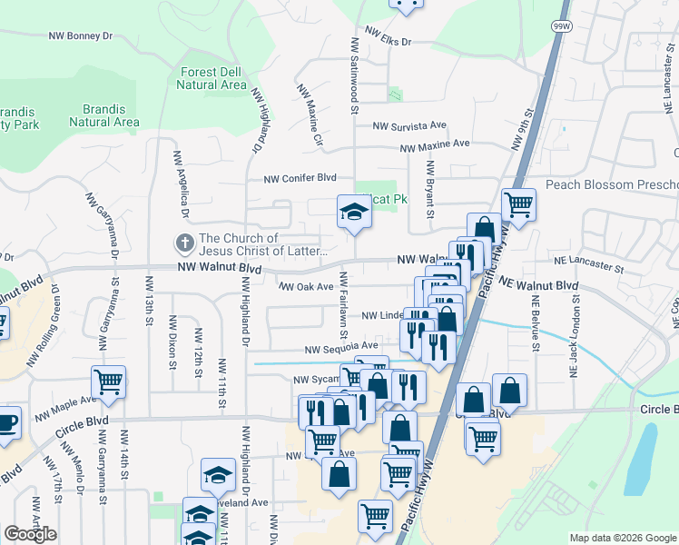 map of restaurants, bars, coffee shops, grocery stores, and more near 2549 Northwest Fairlawn Street in Corvallis