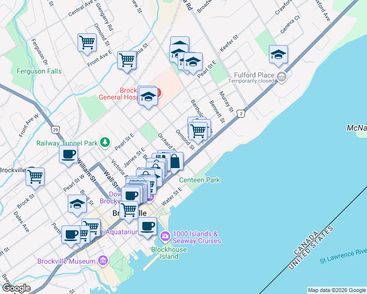 map of restaurants, bars, coffee shops, grocery stores, and more near 97 Pine Street in Brockville