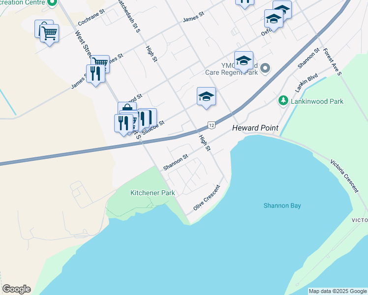 map of restaurants, bars, coffee shops, grocery stores, and more near 24 Korlea Crescent in Orillia