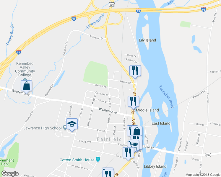 map of restaurants, bars, coffee shops, grocery stores, and more near 18 Maple Street in Fairfield