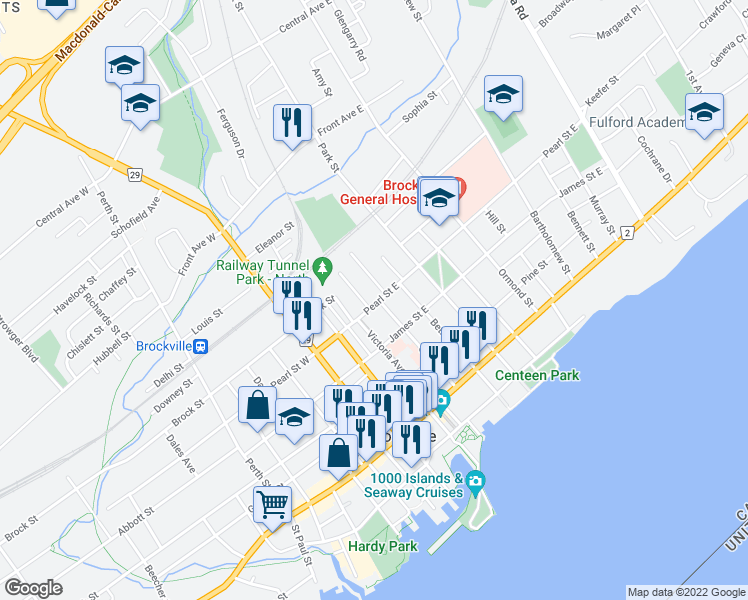 map of restaurants, bars, coffee shops, grocery stores, and more near 18 Pearl Street East in Brockville