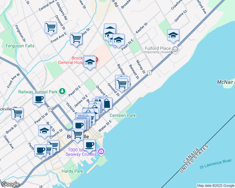map of restaurants, bars, coffee shops, grocery stores, and more near 14 Ormond Street in Brockville