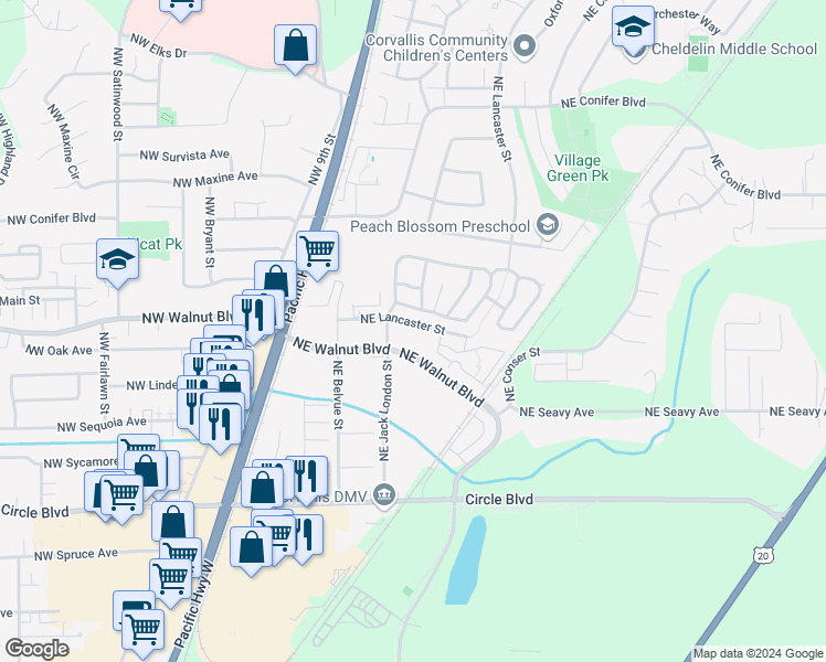 map of restaurants, bars, coffee shops, grocery stores, and more near 2595 Northeast Jack London Street in Corvallis