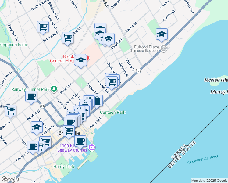 map of restaurants, bars, coffee shops, grocery stores, and more near 138 King Street East in Brockville