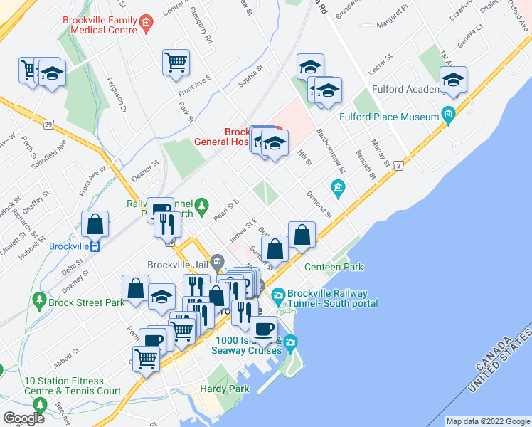 map of restaurants, bars, coffee shops, grocery stores, and more near 59 James Street East in Brockville