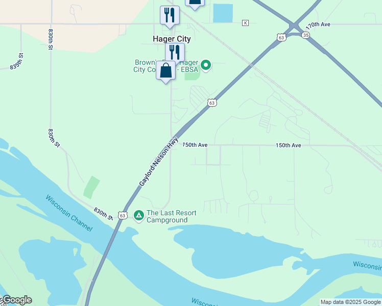 map of restaurants, bars, coffee shops, grocery stores, and more near 8067 150th Avenue in Hager City