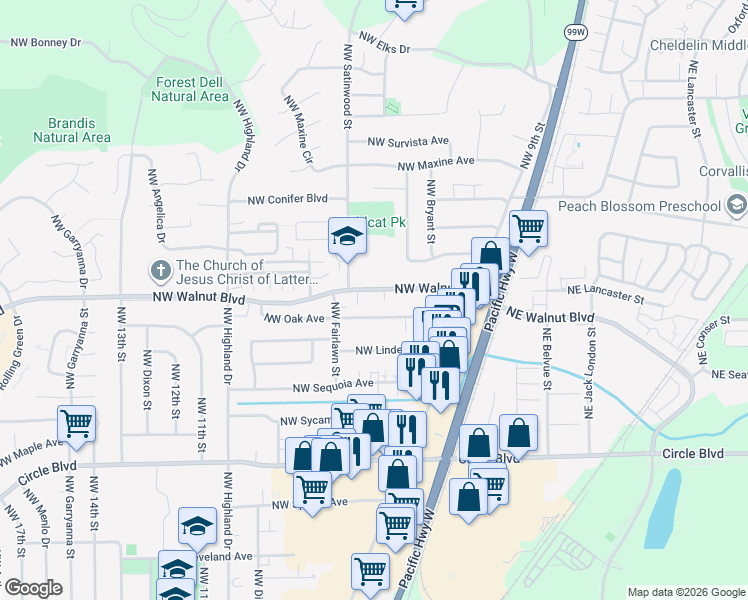 map of restaurants, bars, coffee shops, grocery stores, and more near 665 Northwest Oak Avenue in Corvallis