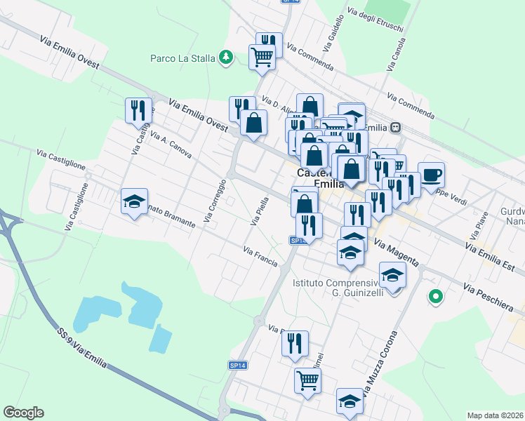 map of restaurants, bars, coffee shops, grocery stores, and more near Euro Pista in Castelfranco Emilia