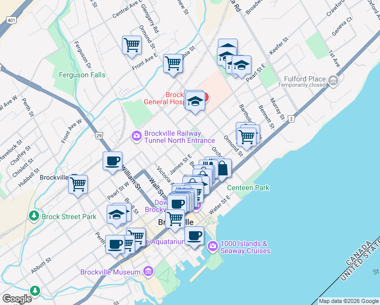map of restaurants, bars, coffee shops, grocery stores, and more near 52 James Street East in Brockville