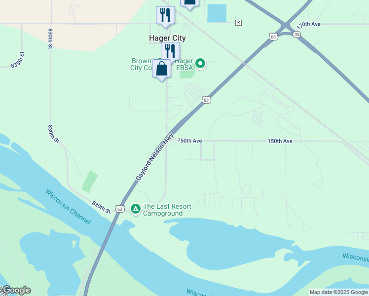 map of restaurants, bars, coffee shops, grocery stores, and more near 8067 150th Avenue in Hager City