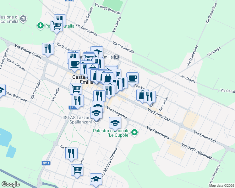 map of restaurants, bars, coffee shops, grocery stores, and more near 117 Via Emilia Ovest in Castelfranco Emilia