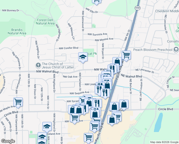 map of restaurants, bars, coffee shops, grocery stores, and more near 665 Northwest Oak Avenue in Corvallis