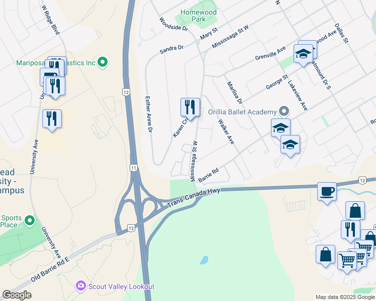 map of restaurants, bars, coffee shops, grocery stores, and more near 1095 Mississaga Street West in Orillia