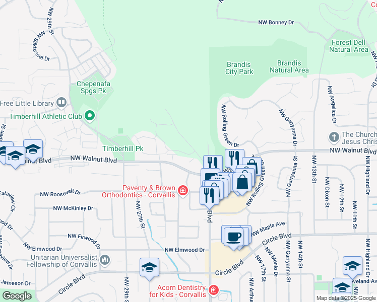 map of restaurants, bars, coffee shops, grocery stores, and more near 2150 Century Drive in Corvallis