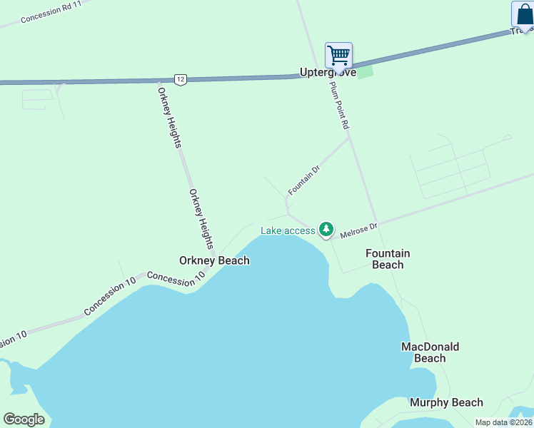map of restaurants, bars, coffee shops, grocery stores, and more near 4148 Fountain Drive in Orillia