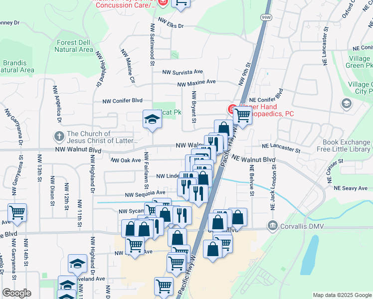 map of restaurants, bars, coffee shops, grocery stores, and more near 605 Northwest Oak Avenue in Corvallis