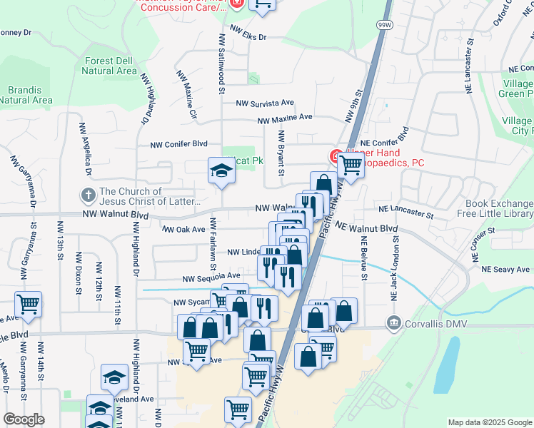 map of restaurants, bars, coffee shops, grocery stores, and more near 605 Northwest Oak Avenue in Corvallis