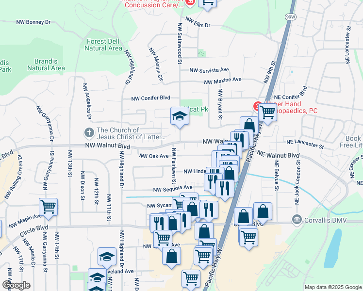 map of restaurants, bars, coffee shops, grocery stores, and more near 2549 Northwest Fairlawn Street in Corvallis
