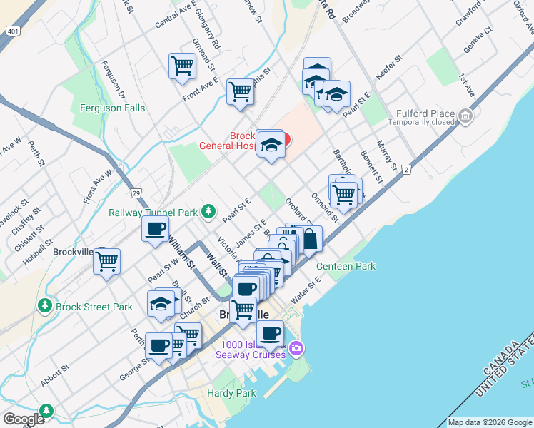 map of restaurants, bars, coffee shops, grocery stores, and more near 58 James Street East in Brockville