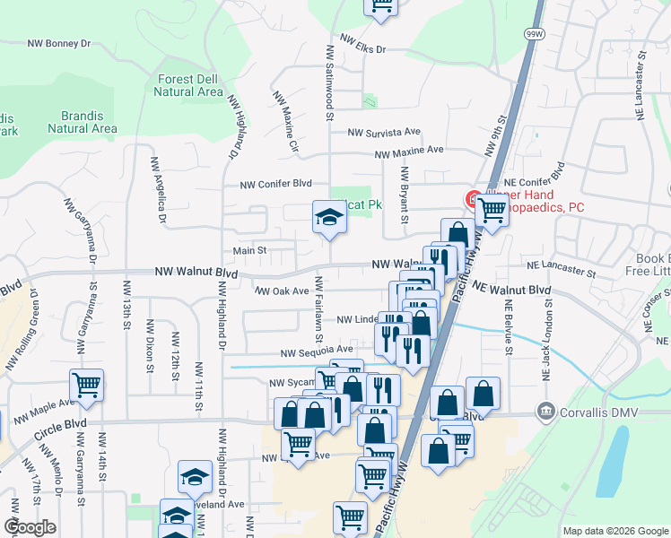 map of restaurants, bars, coffee shops, grocery stores, and more near 694 Northwest Walnut Boulevard in Corvallis