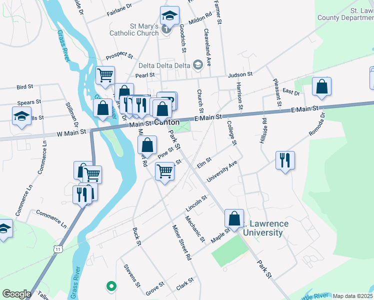 map of restaurants, bars, coffee shops, grocery stores, and more near 36 Park St in Canton