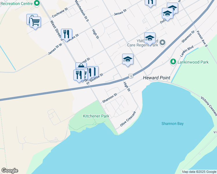 map of restaurants, bars, coffee shops, grocery stores, and more near 3 Kris Court in Orillia
