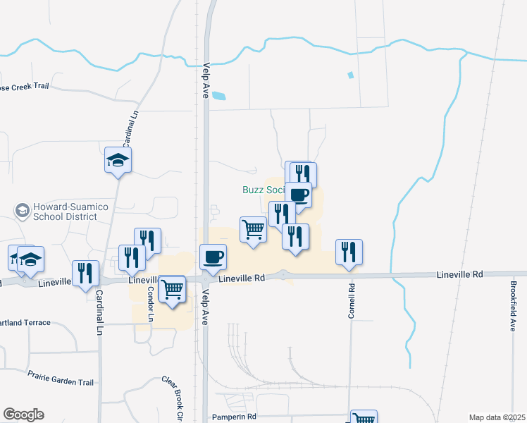 map of restaurants, bars, coffee shops, grocery stores, and more near 3794 Lark Road in Suamico
