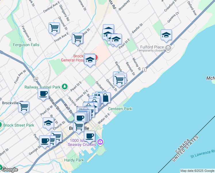 map of restaurants, bars, coffee shops, grocery stores, and more near 98 Pine Street in Brockville