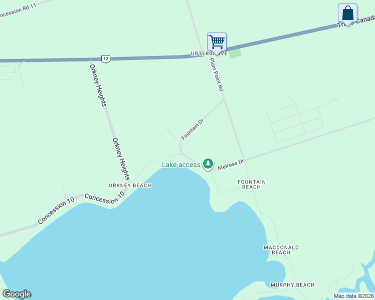 map of restaurants, bars, coffee shops, grocery stores, and more near 4131 Fountain Drive in Orillia