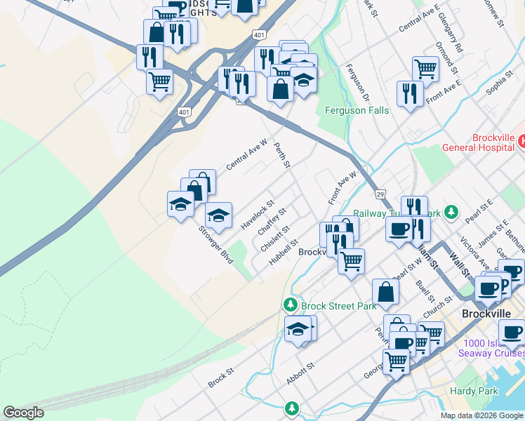map of restaurants, bars, coffee shops, grocery stores, and more near 47 Havelock Street in Brockville
