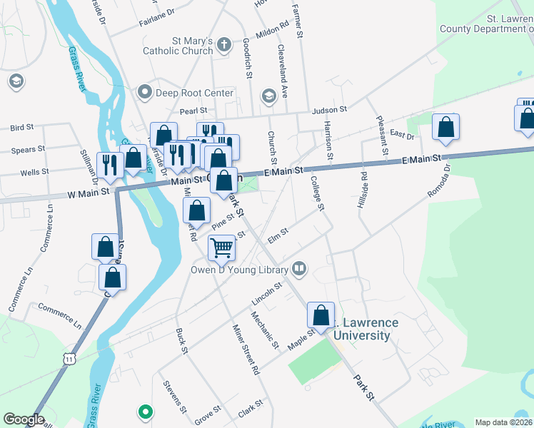 map of restaurants, bars, coffee shops, grocery stores, and more near 2 Railroad Ave in Canton
