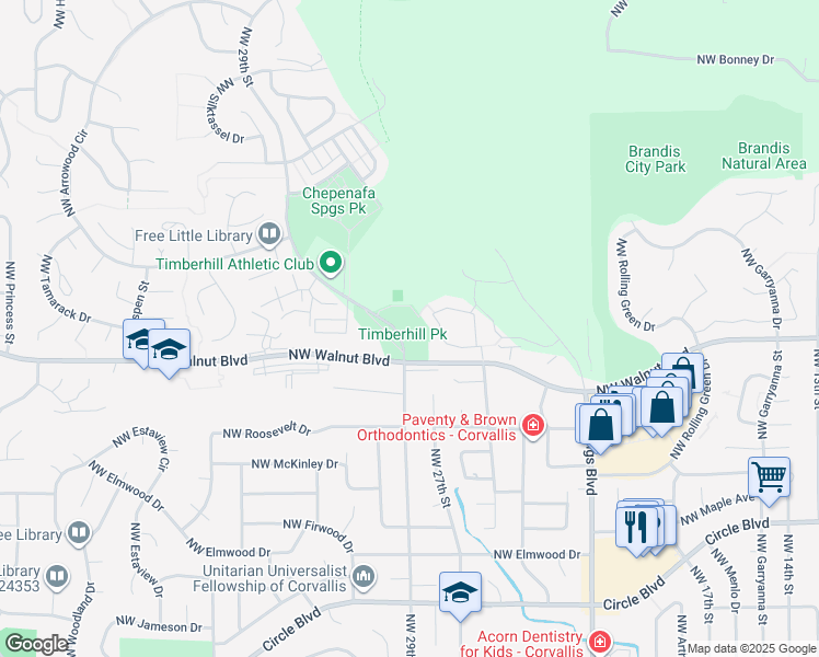 map of restaurants, bars, coffee shops, grocery stores, and more near 2875 Northwest Walnut Boulevard in Corvallis