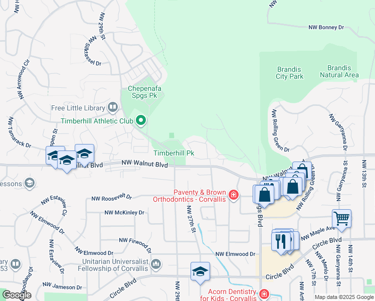 map of restaurants, bars, coffee shops, grocery stores, and more near 2600 Northwest Century Drive in Corvallis