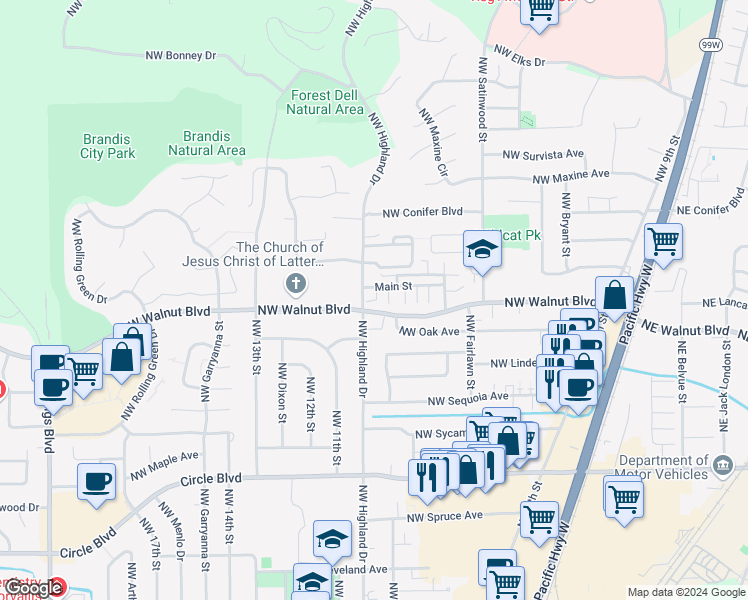 map of restaurants, bars, coffee shops, grocery stores, and more near in Corvallis