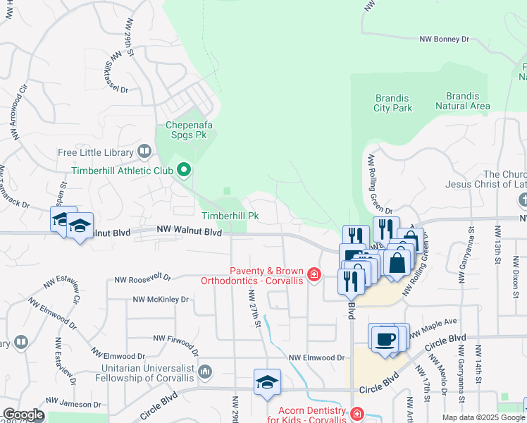 map of restaurants, bars, coffee shops, grocery stores, and more near 2725 Northwest Walnut Boulevard in Corvallis