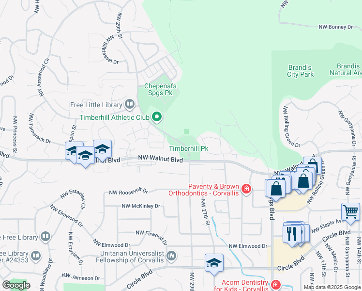 map of restaurants, bars, coffee shops, grocery stores, and more near 2875 Northwest Walnut Boulevard in Corvallis