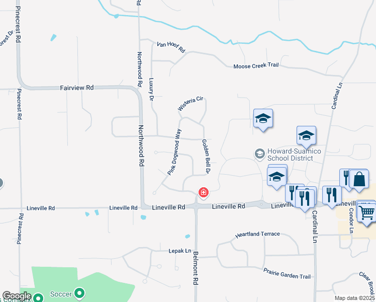 map of restaurants, bars, coffee shops, grocery stores, and more near 2831 Yellow Jasmine Way in Suamico
