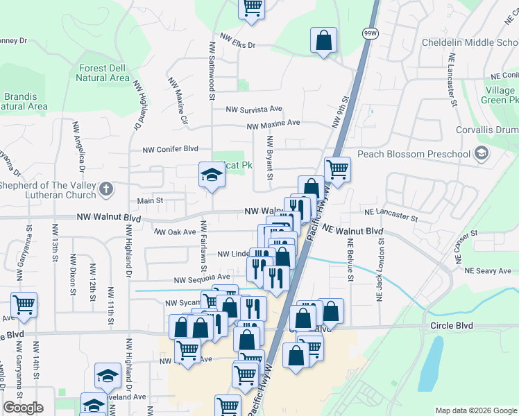 map of restaurants, bars, coffee shops, grocery stores, and more near 605 Northwest Oak Avenue in Corvallis