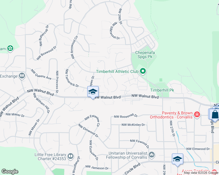map of restaurants, bars, coffee shops, grocery stores, and more near 2812 Northwest Monterey Place in Corvallis