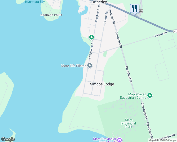 map of restaurants, bars, coffee shops, grocery stores, and more near 114 Creighton Street South in Orillia