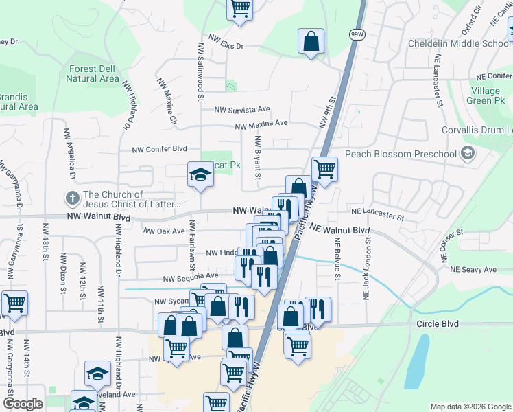 map of restaurants, bars, coffee shops, grocery stores, and more near 470 Northwest Hemlock Avenue in Corvallis