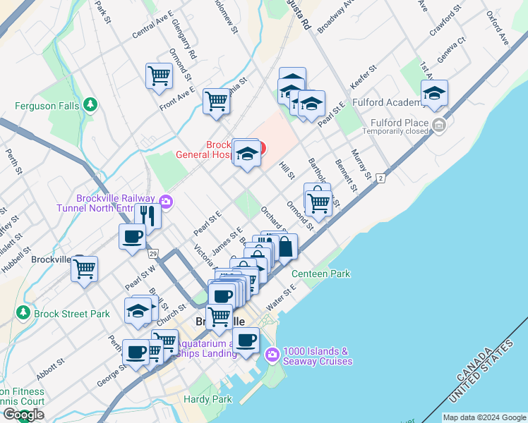 map of restaurants, bars, coffee shops, grocery stores, and more near 81 James Street East in Brockville