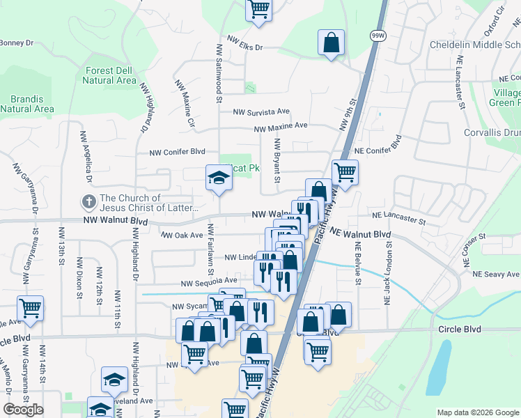 map of restaurants, bars, coffee shops, grocery stores, and more near 2730 Northwest Stewart Street in Corvallis